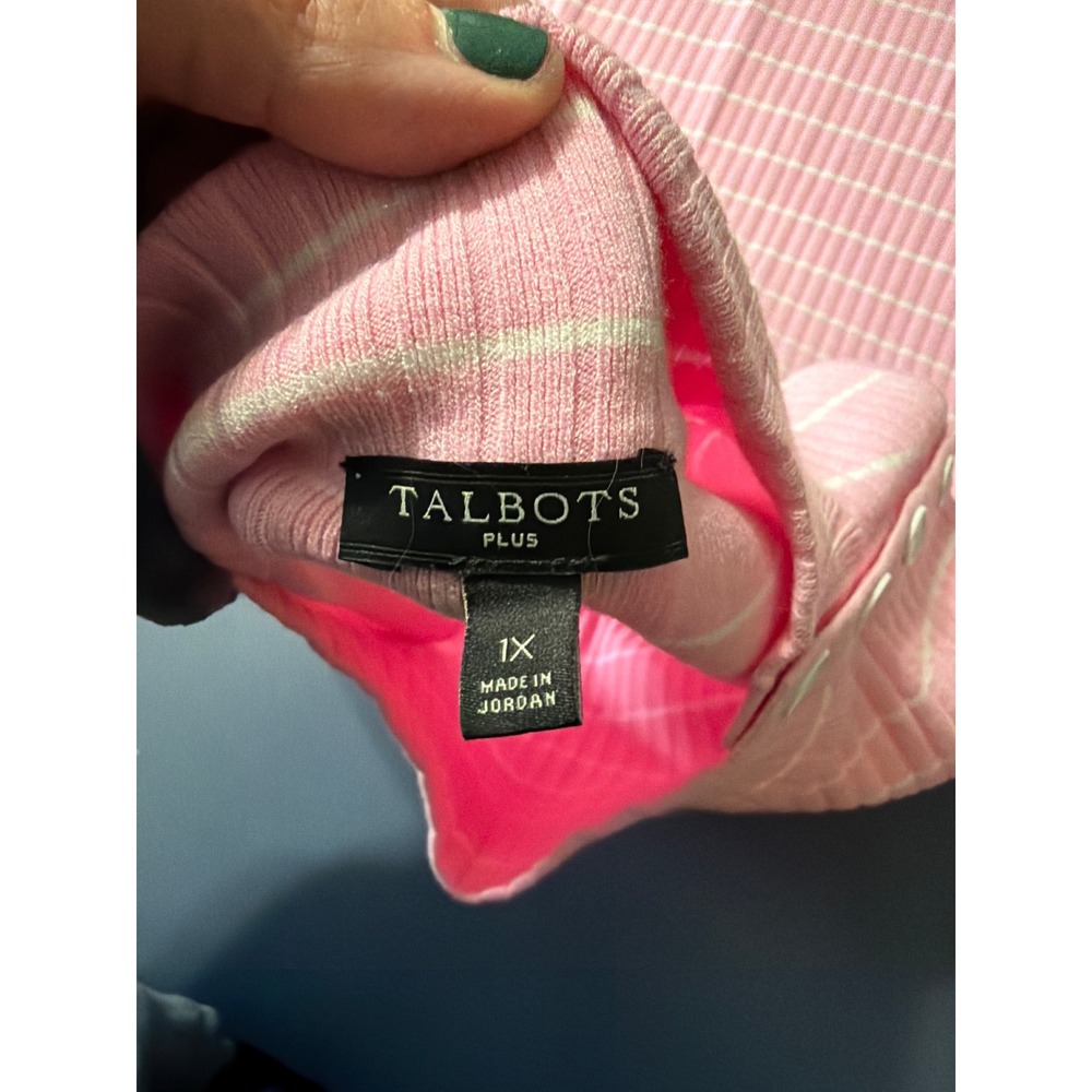 Talbots Plus Pink Shirt 1X White Striped Sleeveless Mock Neck Button Shoulder - Picture 6 of 9